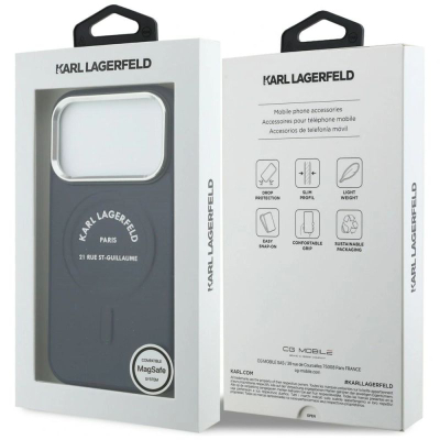 Këllëf telefoni Karl Lagerfeld Karl RSG Logo MagSafe, për iPhone 17 Pro, eko lëkurë, blu