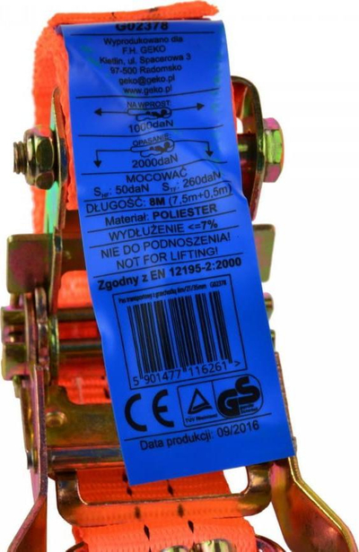 Rrip sigurimi GEKO, ERGO ratchet me grep, 8m 2T, 35mm, portokalli