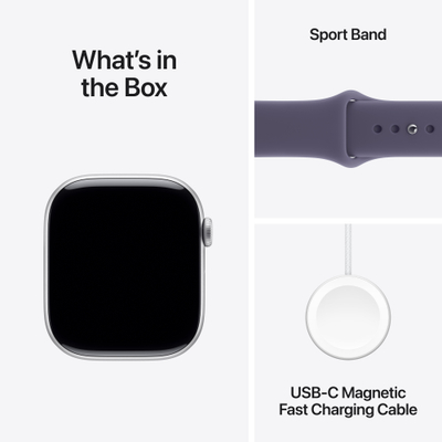 Apple Watch Series 11 GPS 46mm Silver Aluminium Case with Purple Fog Sport Band, S/M