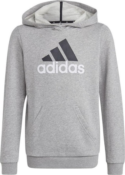 Bluza me kapuç Adidas me logo përpara, përzierje pambuku, xhep kangur, gri