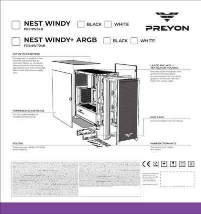 Сет куќиште за компјутер и напојување PREYON Nest Windy Plus и Eagle Power GOLD 850W, ATX 3.1, бело