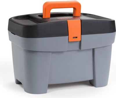 Punëtori loje Smoby Black and Decker Workmate, set veglash 3 në 1, me karrocë dhe kuti veglash, portokalli e zezë