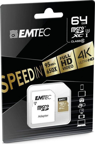 Kartë memorie microSD Emtec Speedin, 64GB, Class 10 U3, me adapter