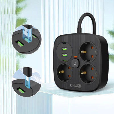 Prizë zgjatese Tech-Protect PCS3X4, 3 dalje, 2xUSB-A 2xUSB-C, kabllo 2m, e zezë