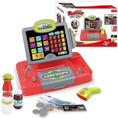 Аркашка играчка Filskal Mini Shop, со микрофон, со скенер на баркод, црвена