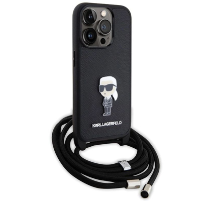 Futrollë Karl Lagerfeld Crossbody Saffiano Monogram për iPhone 15 Pro 6.1", me kordelë, e zezë