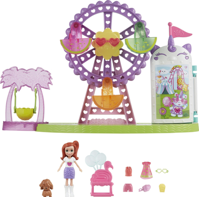 Set loje Polly Pocket Tropical Treats Carnival, kukull 7.5 cm, rrotë panoramike, shumëngjyrësh