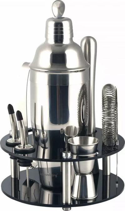 Set bartendër për kokteje, 9 pjesë, me qëndrim akrilik, inox, ngjyrë argjendi