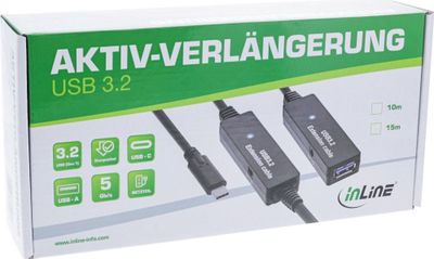 Kabllo zgjatës USB InLine USB 3.2 Gen 1, aktiv, 15m, USB C në USB A, e zezë