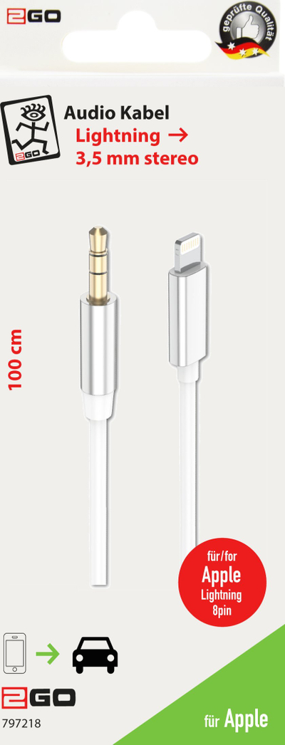 Kabllo audio 2GO 797218, Lightning në 3.5mm, 1m, e bardhë