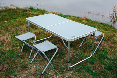 Set kampingu Neo 63-159, tavolinë palosëse me 4 karrige, alumini MDF, ngjyrë gri