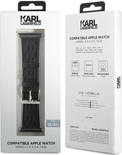 Rrip dore Karl Lagerfeld KLAWMSAKLHPK për Apple Watch 38/40/41mm, lëkurë Saffiano, i zi
