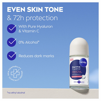 Antiperspirant roll-on për femra Nivea Derma Control Natural Tone, 50 ml