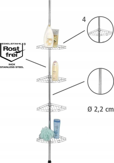 Raft dushi teleskopik Wenko Telescopic Shower Shelf, 275cm, 4 rafte, argjendtë