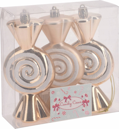 Set zbukurimesh për pemë Christmas Candy, 3 copë, 12.5 cm, ar dhe të bardhë