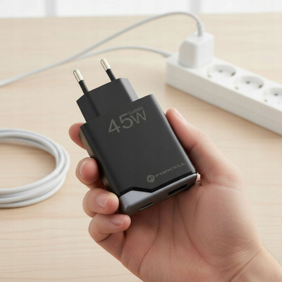 Karikues muri Forcell F-Energy GaN III ultra i hollë, 45W, USB A edhe USB C PD QC4.0, i zi