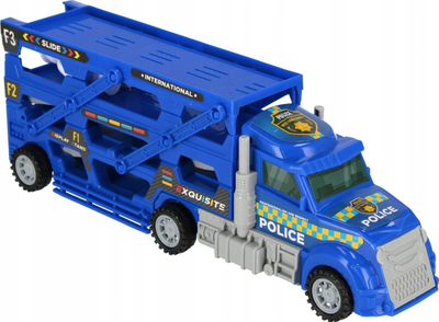 Set lodrash Mega Creative Truck Transporter Police, kamion policie me dy kate, aksesorë dhe makina të vogla, blu