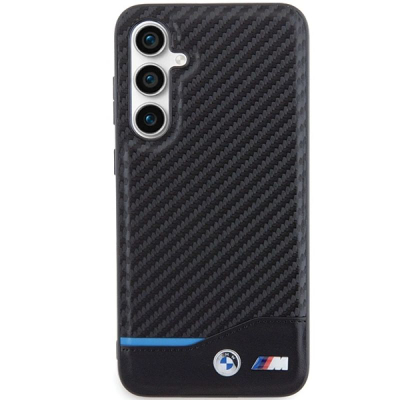 Kapak telefoni BMW për Samsung Galaxy S23 FE, efekt karboni, vijë blu, i zi