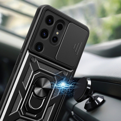 Këllëf telefoni Camshield për Samsung Galaxy S24 Ultra, unazë 360°, kapak kamere, i zi