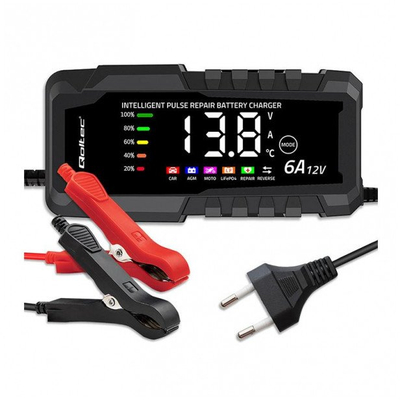 Karikues baterie Qoltec me mikroçip inteligjent, 12V 6A, me ekran LCD, i zi