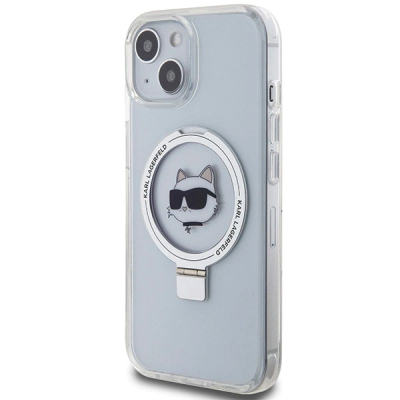 Kapak telefoni Karl Lagerfeld me unazë mbajtëse Choupette Head MagSafe për iPhone 15 6.1", hardcase, i bardhë