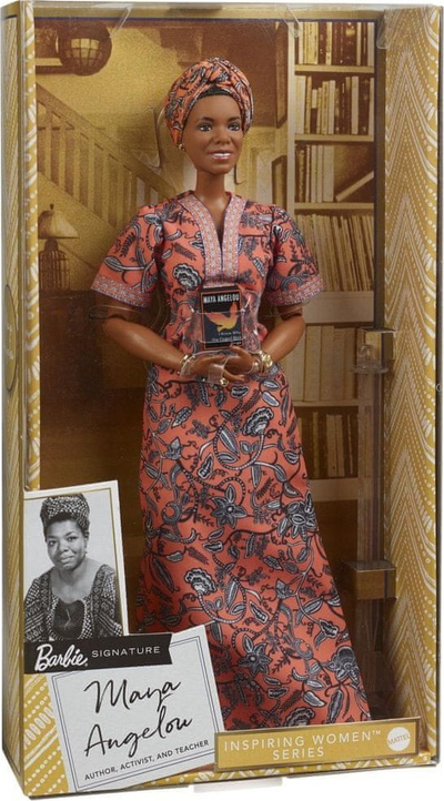 Kukull Barbie Maya Angelou Inspiring Women, koleksioniste, me fustan portokalli