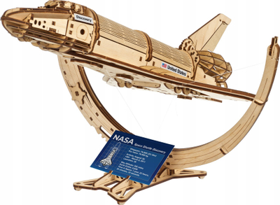 Puzzle druri Ugears NASA Space Shuttle Discovery, model mekanik 3D, shkalla 1:96, ngjyrë druri natyrale