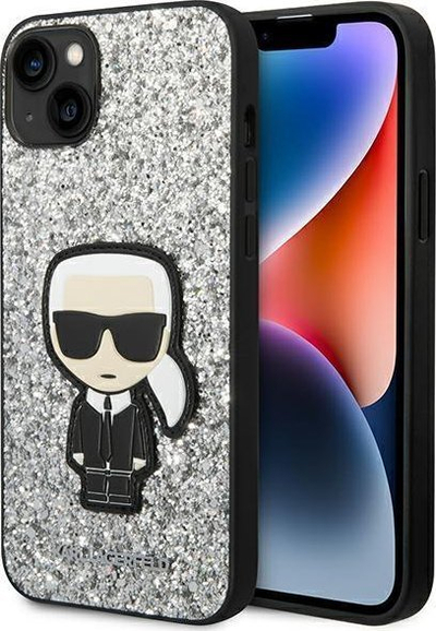 Këllëf telefoni Karl Lagerfeld Glitter Flakes Ikonik për iPhone 14 Plus 6.7", hardcase, argjendtë