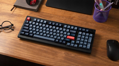 Tastierë mekanike Keychron V5 Max Wireless, RGB, hot swappable, Gateron Jupiter Banana, karbon e zezë