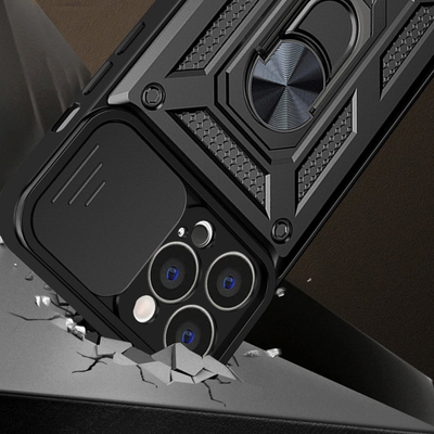 Mbulesë telefoni Hybrid Armor Camshield për iPhone 13, unazë 360°, magnetike, blu metalike