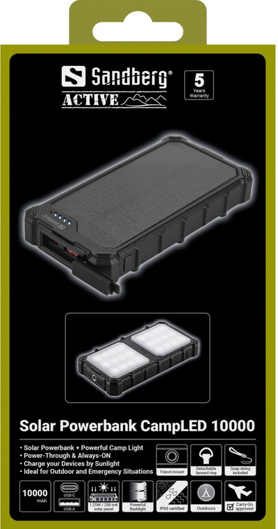 Powerbanku Sandberg Solar CampLED 10000, 10000mAh, panel diellor, LED, i zi