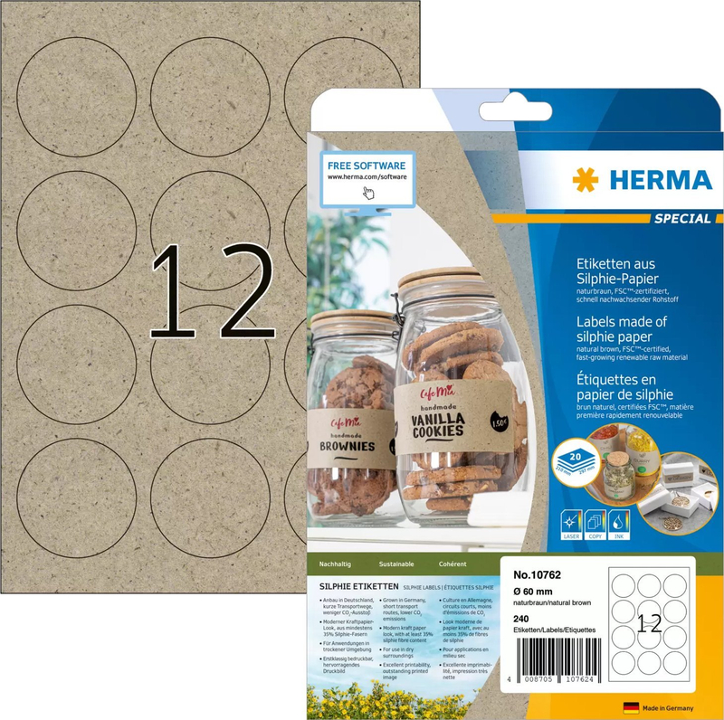 Etiketa ngjitëse HERMA Silphie, Ø 60 mm, letër kraft, kafe natyrale
