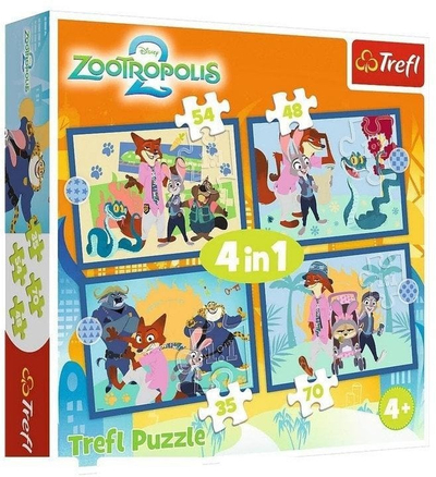 Puzzle 4 në 1 TREFL Zootopia Adventures 34677, set për kalamaj, me figurat e Zootopia