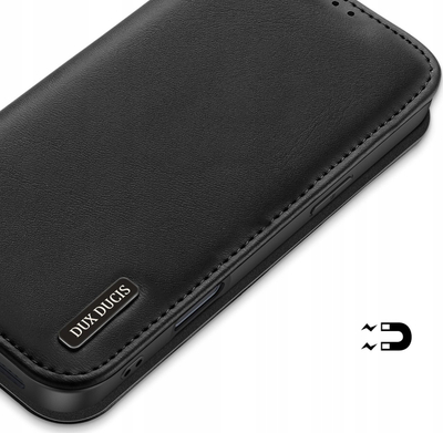 Këllëf telefoni Dux Ducis Hivo për iPhone 16 Pro, lëkurë natyrale, me kapak portofol, i zi