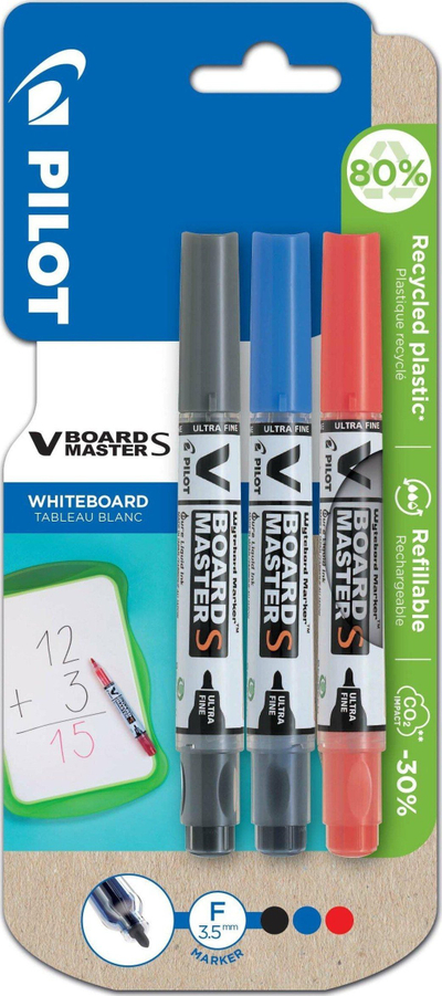 Set markera për tabela të bardha Pilot V-Board Master S, majë shumë e hollë 3.5mm, 3 copë, me ngjyra të ndryshme