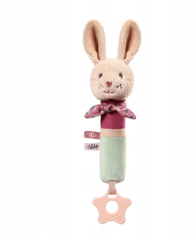Lodër shtrënguese me zile BabyOno Rabbit Karo, 30 cm, me dhëmbëse silikoni, rozë