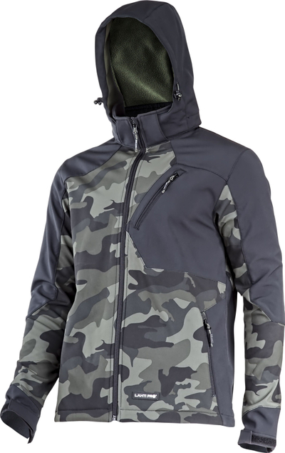 Xhaketë softshell Lahti Pro me kapuç, masa S, camo jeshile me të zezë