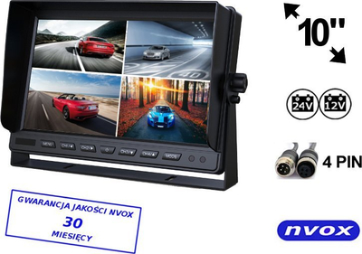 Monitor makine Nvox 10", për 4 kamera 4PIN, 12V‑24V, ngjyrë e zezë