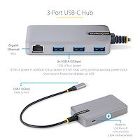 Hub USB C StarTech 3 porta, Gigabit Ethernet, USB 3.0 5Gbps, gri