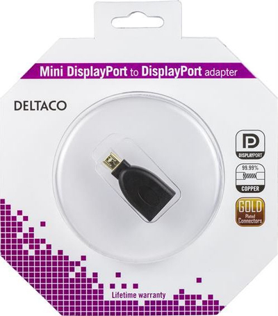 Adapter Mini DisplayPort në DisplayPort Deltaco, me fisha të veshme me ar, i zi