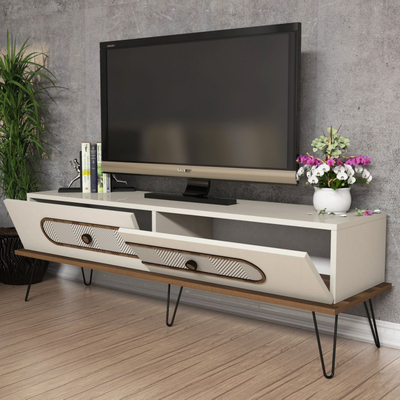 Komodë TV Kalune Design Ekol, dyer me hapje poshtë, këmbë metalike, bezhë