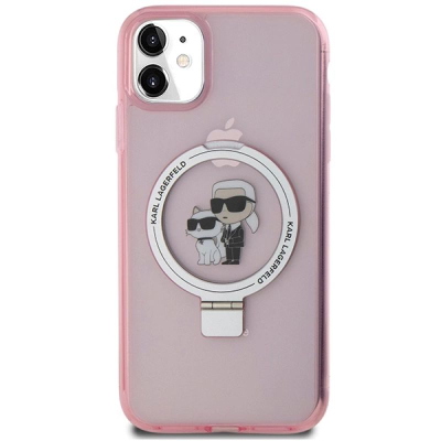 Mbrojtëse telefoni Karl Lagerfeld Ring Stand Karl &amp; Choupette MagSafe për iPhone 11 Xr 6.1", me unazë standi, rozë