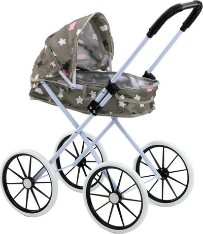 Karrucë për kukulla Doll Stroller, rrota të mëdha, e palosshme, gri me yje