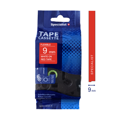 Kasetë shiriti Specialist FLEXIBLE, 9 mm, white on red, e kuqe