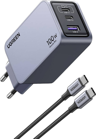 Полнач Ugreen Nexode Pro 100W GaN, 3 порти, брзо полнење, сив