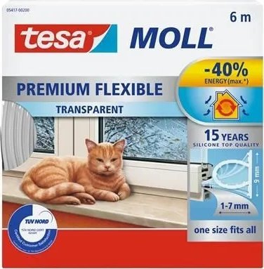 Shirit silikoni për izolim Tesa Tesamoll Premium Flexible, vetëngjitës, 6 m, transparent