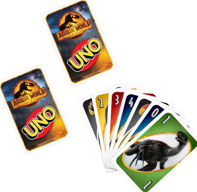 Lojë letra Mattel UNO Jurassic World Dominion, 2 4 lojtarë, mbi 7 vjeç, shumëngjyrëshe