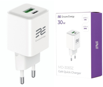 Karikues muri Encore Energy GaN 30W, 2 porta USB C USB A, PD 3.0 QC 4.0+, i bardhë
