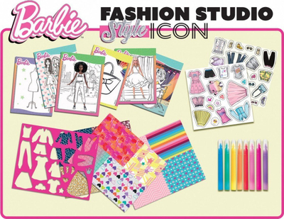 Libër kreativ Lisciani Barbie Sketch Book Style Icon Fashion Studio, set me ngjitëse dhe modele, për kalamaj 5+