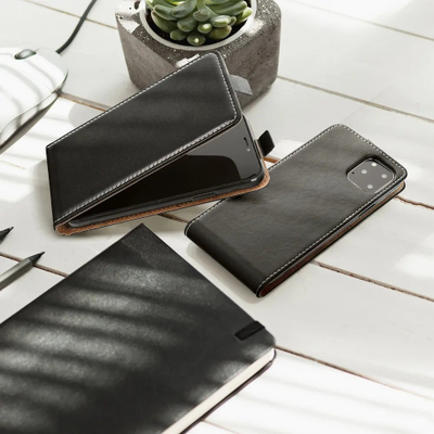 Këllëf telefoni Slim Flexi për Samsung Galaxy A55 5G, lëkurë eco, me kapak që hapet përpjetë, i zi